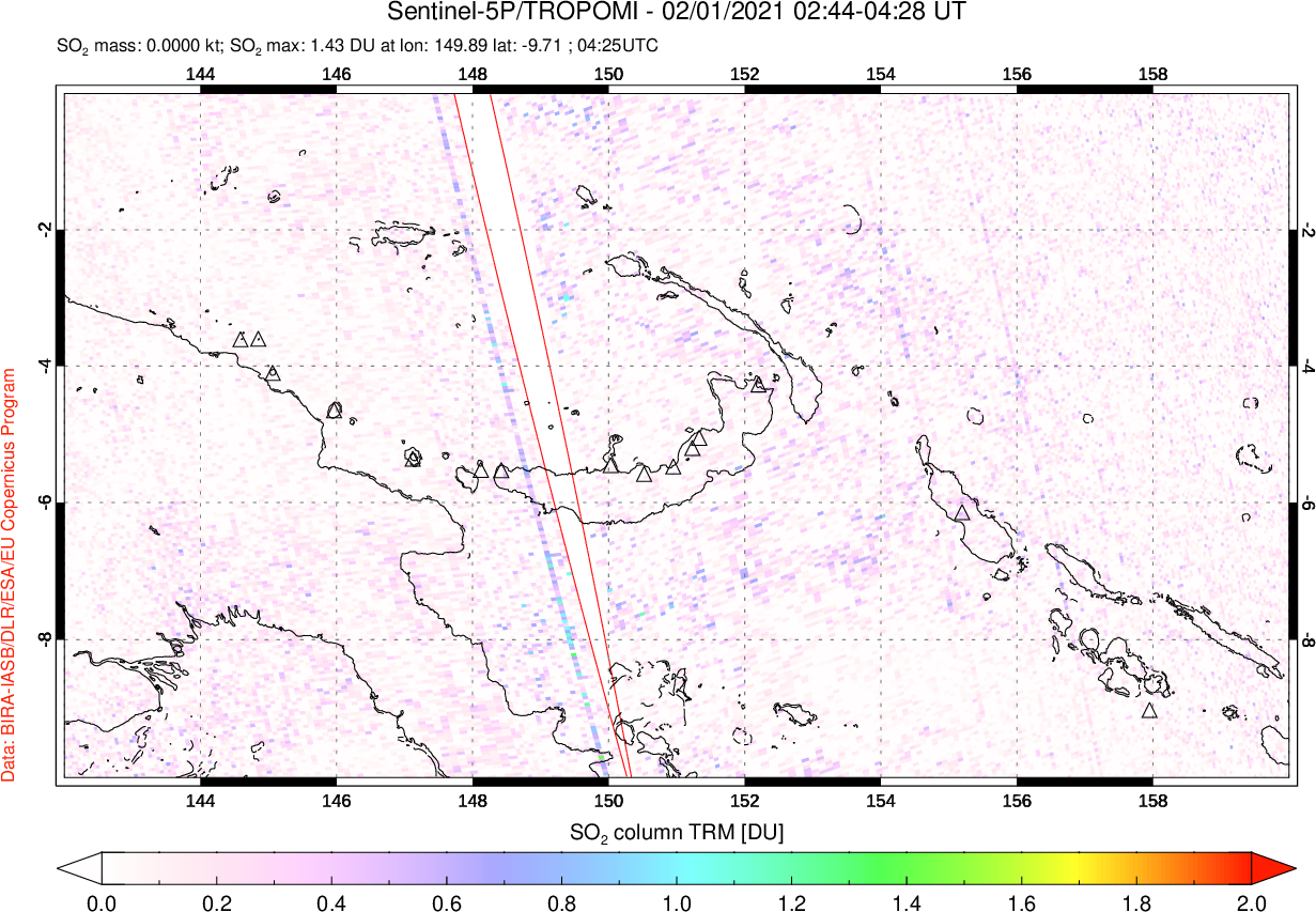A sulfur dioxide image over Papua, New Guinea on Feb 01, 2021.
