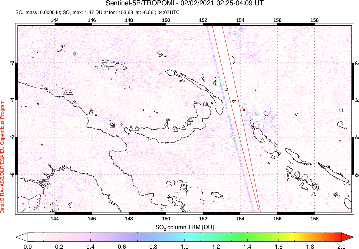 A sulfur dioxide image over Papua, New Guinea on Feb 02, 2021.