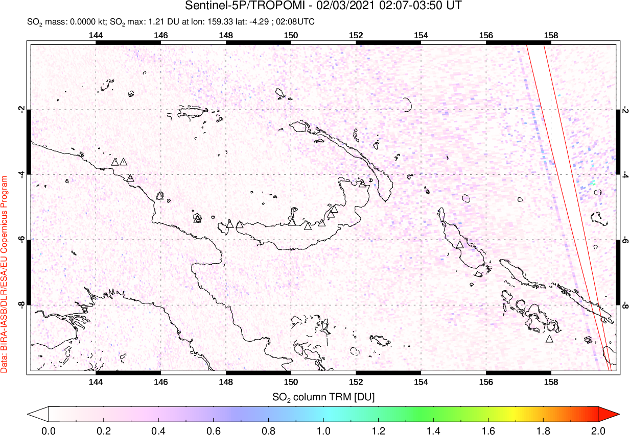 A sulfur dioxide image over Papua, New Guinea on Feb 03, 2021.