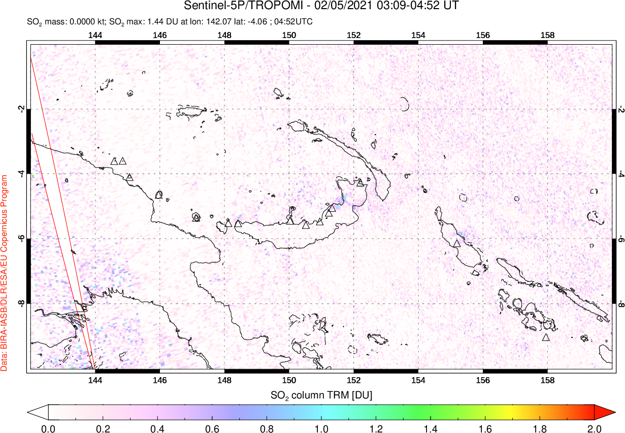 A sulfur dioxide image over Papua, New Guinea on Feb 05, 2021.