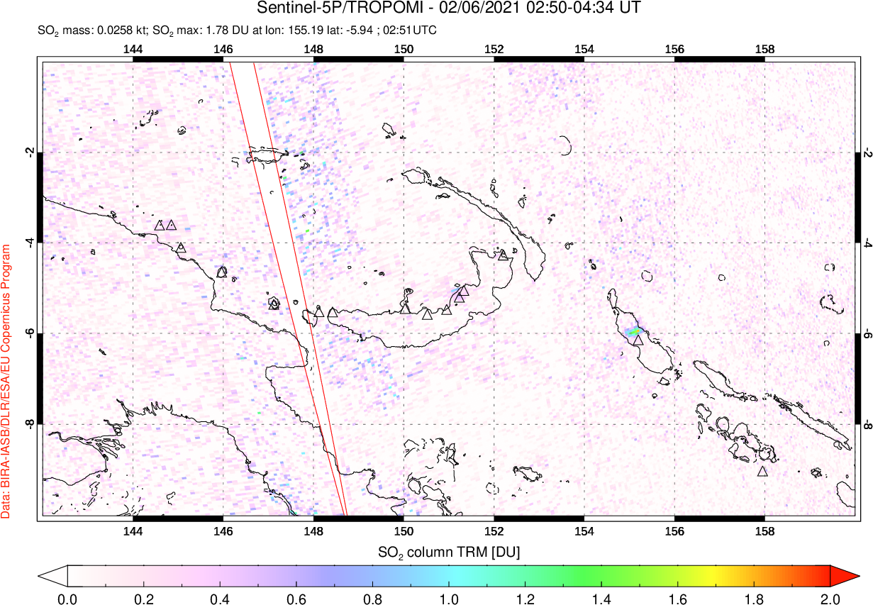 A sulfur dioxide image over Papua, New Guinea on Feb 06, 2021.