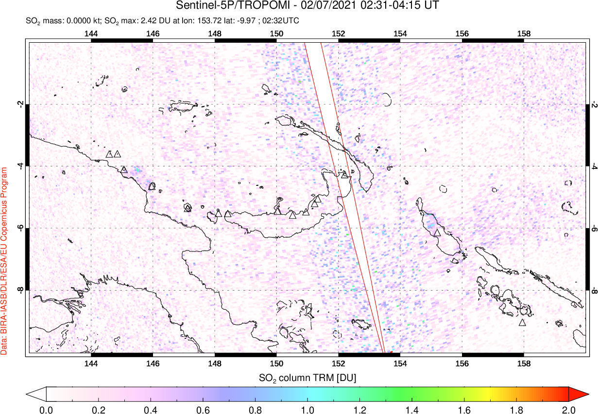 A sulfur dioxide image over Papua, New Guinea on Feb 07, 2021.