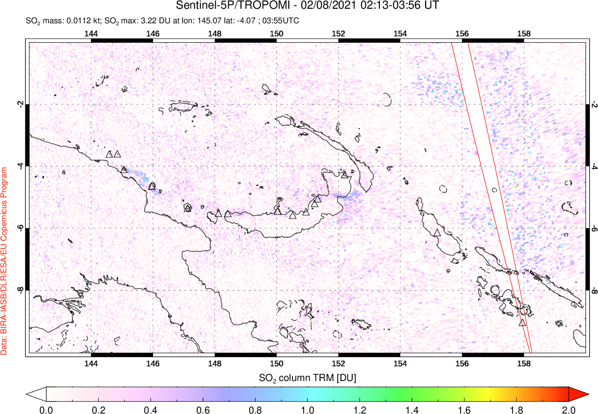 A sulfur dioxide image over Papua, New Guinea on Feb 08, 2021.