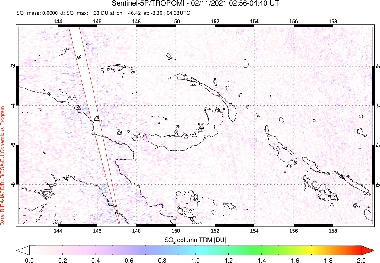 A sulfur dioxide image over Papua, New Guinea on Feb 11, 2021.