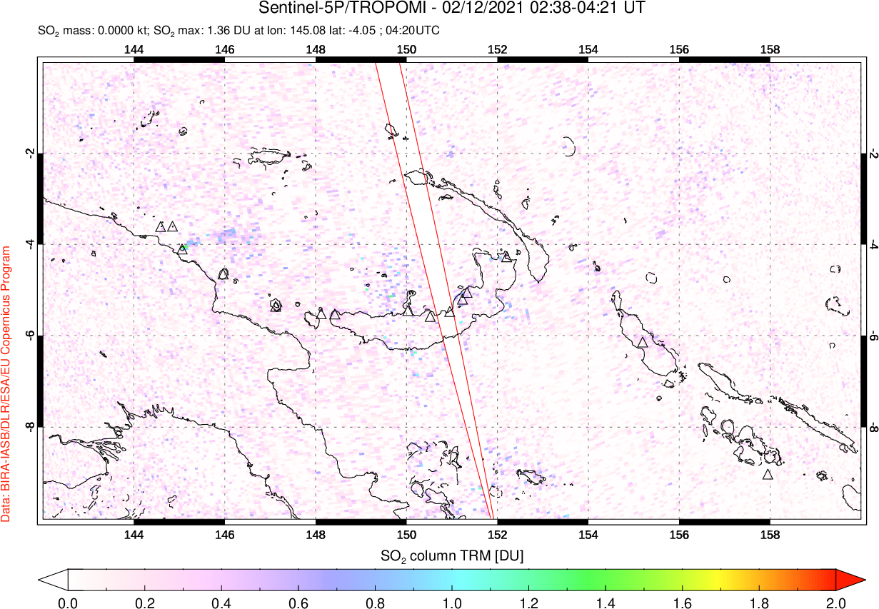A sulfur dioxide image over Papua, New Guinea on Feb 12, 2021.