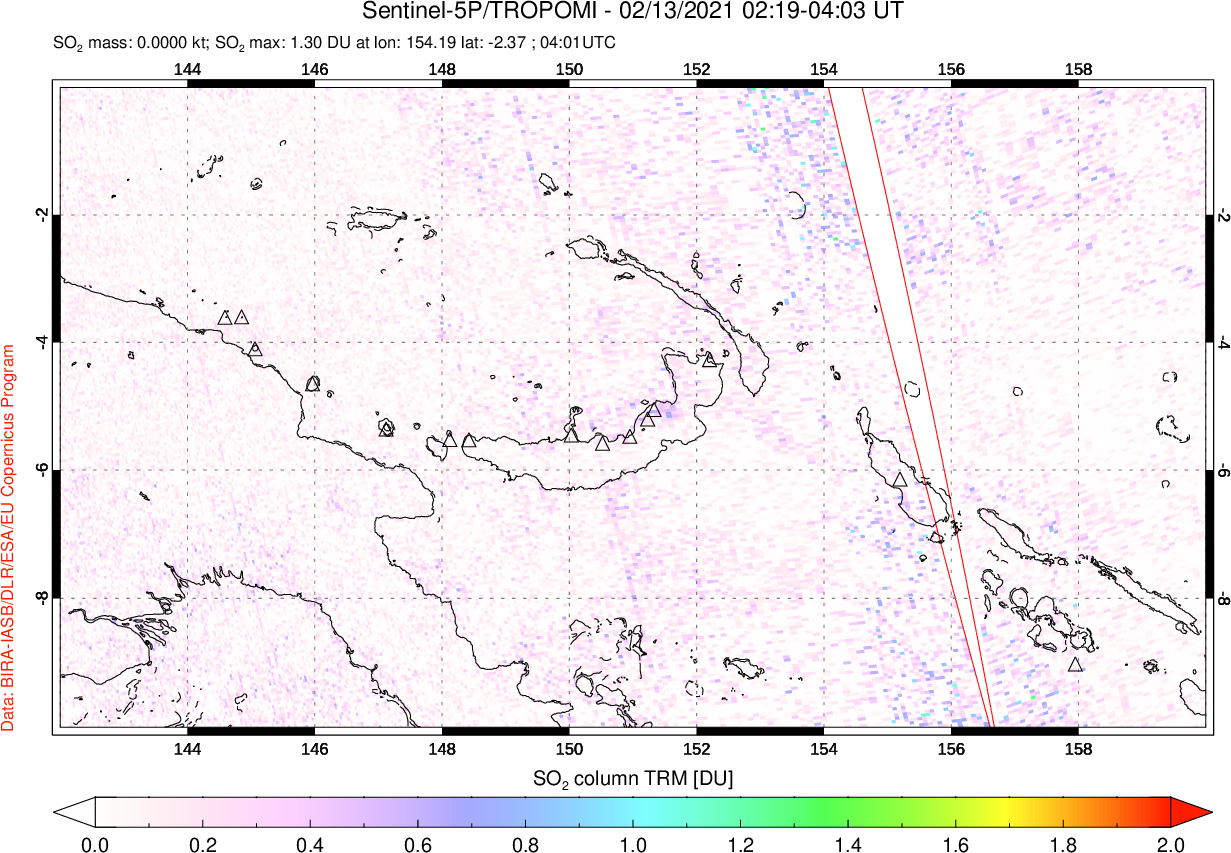 A sulfur dioxide image over Papua, New Guinea on Feb 13, 2021.