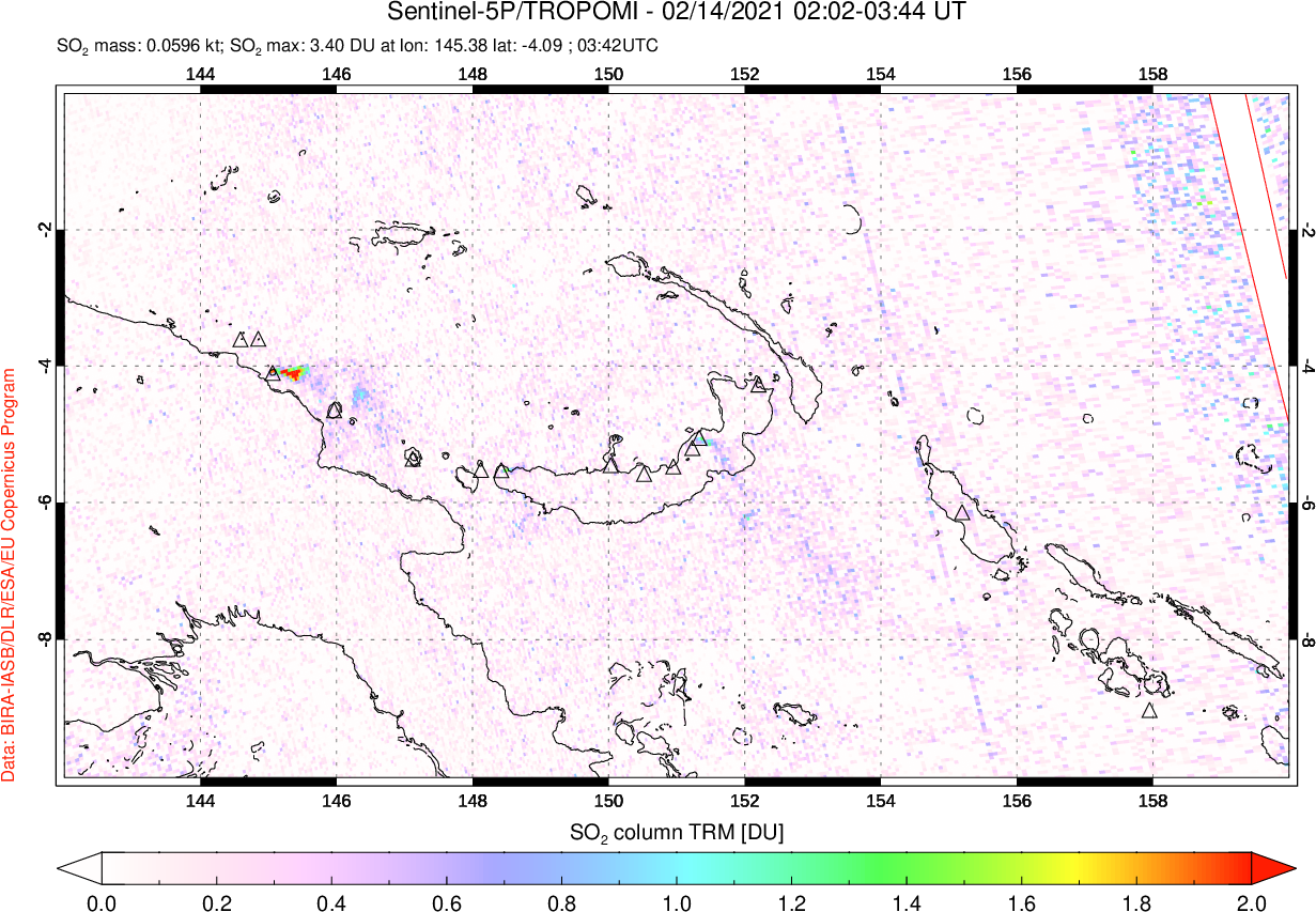 A sulfur dioxide image over Papua, New Guinea on Feb 14, 2021.