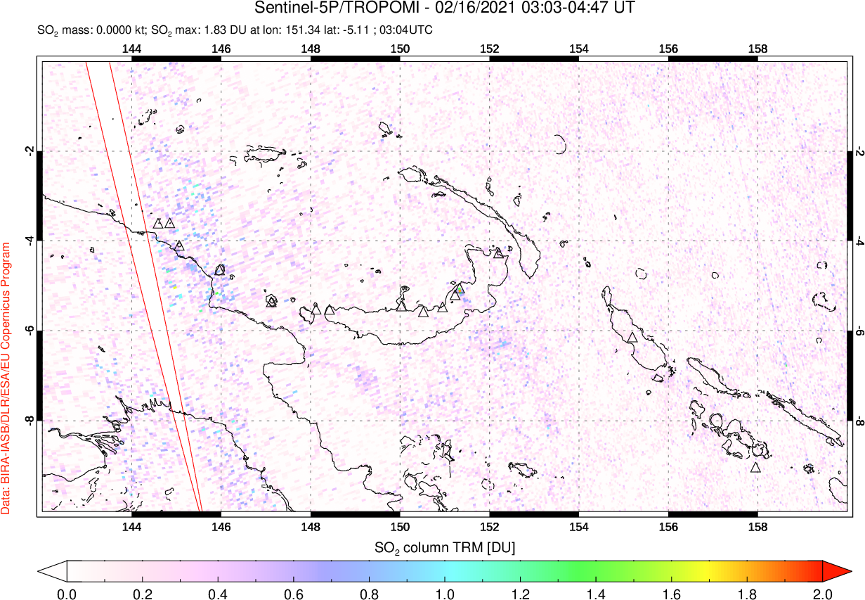 A sulfur dioxide image over Papua, New Guinea on Feb 16, 2021.