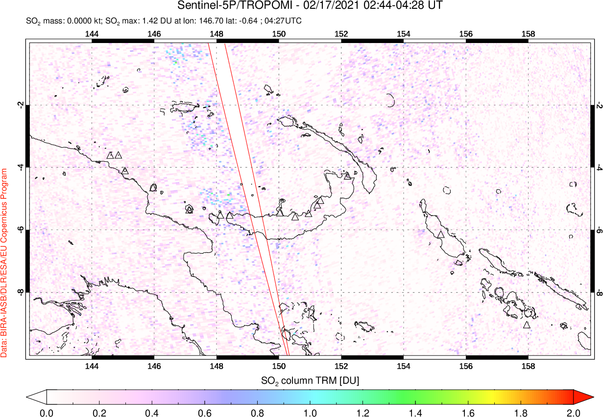 A sulfur dioxide image over Papua, New Guinea on Feb 17, 2021.