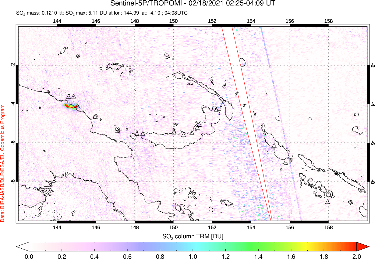 A sulfur dioxide image over Papua, New Guinea on Feb 18, 2021.