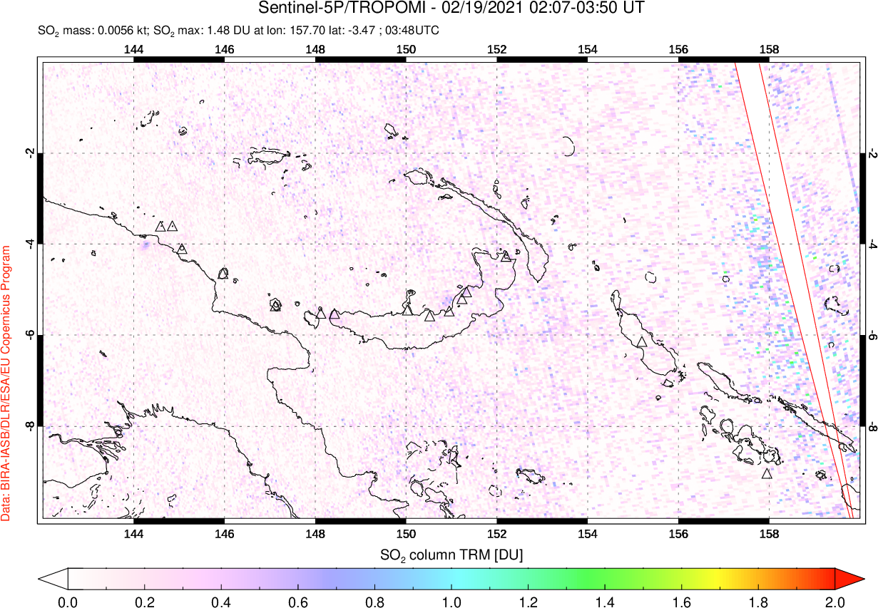 A sulfur dioxide image over Papua, New Guinea on Feb 19, 2021.