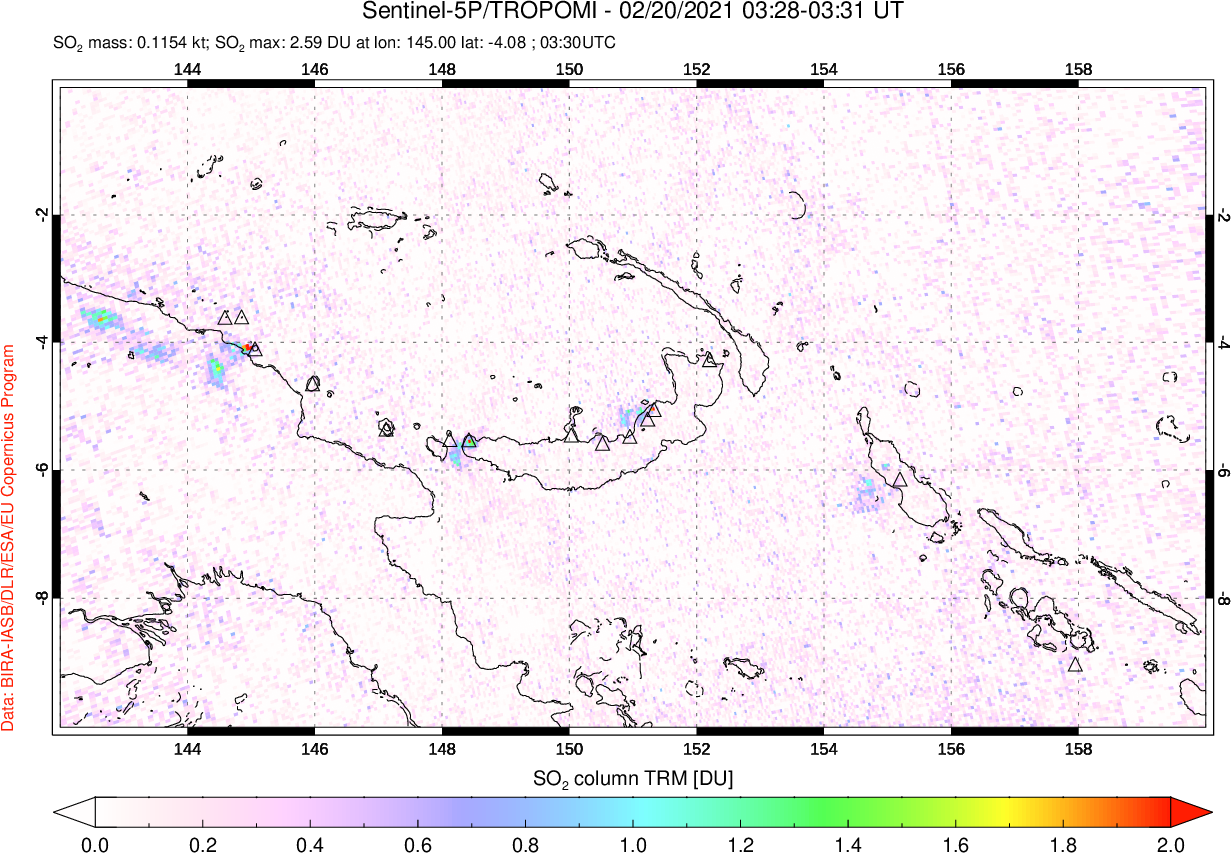 A sulfur dioxide image over Papua, New Guinea on Feb 20, 2021.