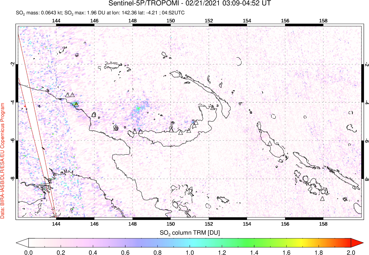 A sulfur dioxide image over Papua, New Guinea on Feb 21, 2021.