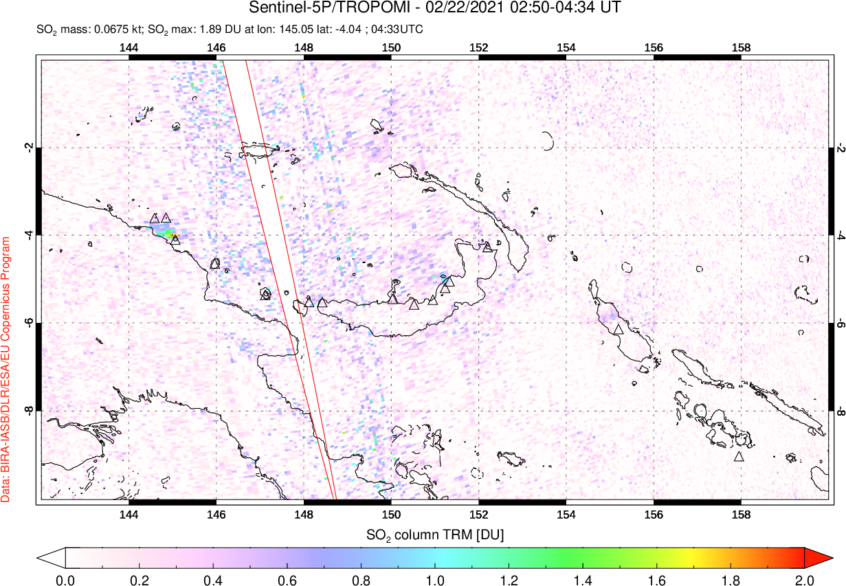 A sulfur dioxide image over Papua, New Guinea on Feb 22, 2021.
