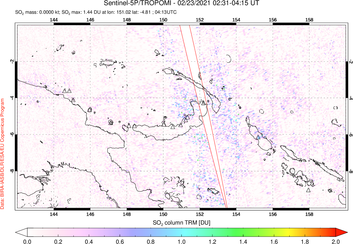A sulfur dioxide image over Papua, New Guinea on Feb 23, 2021.