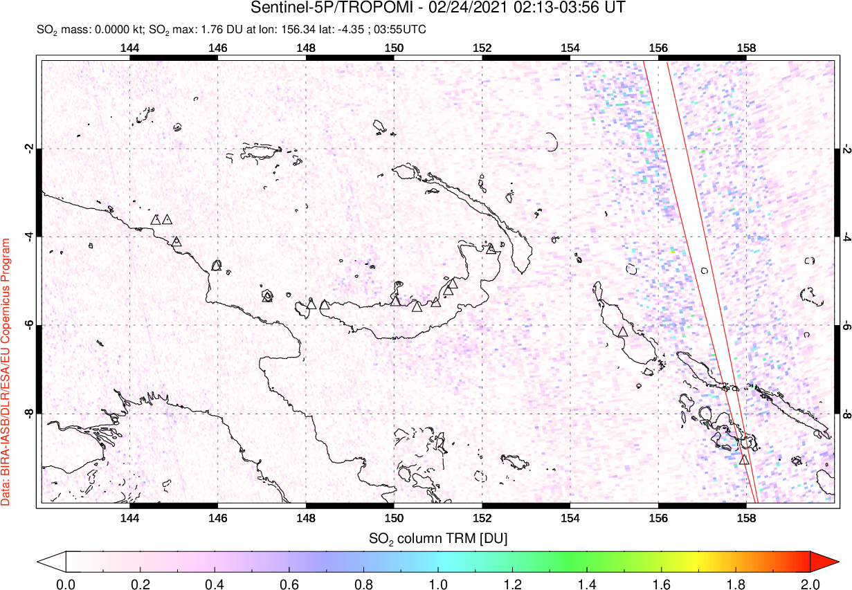 A sulfur dioxide image over Papua, New Guinea on Feb 24, 2021.