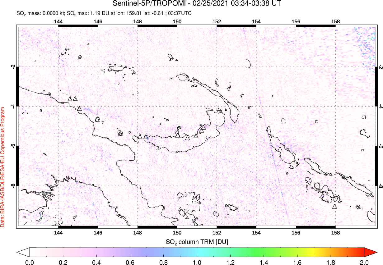 A sulfur dioxide image over Papua, New Guinea on Feb 25, 2021.