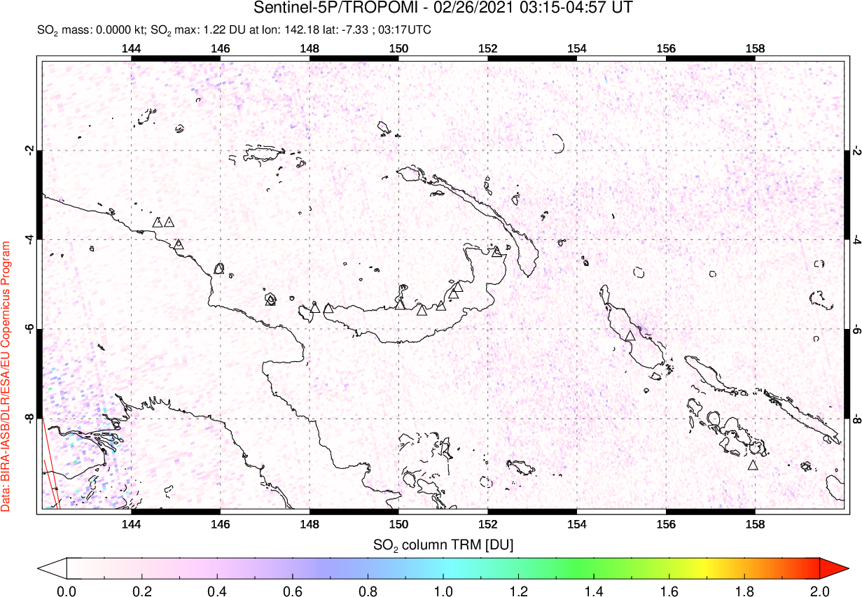 A sulfur dioxide image over Papua, New Guinea on Feb 26, 2021.