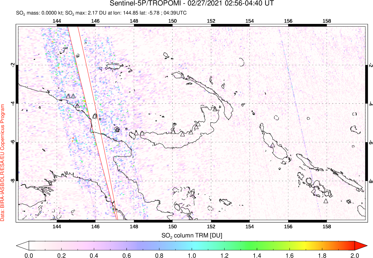A sulfur dioxide image over Papua, New Guinea on Feb 27, 2021.