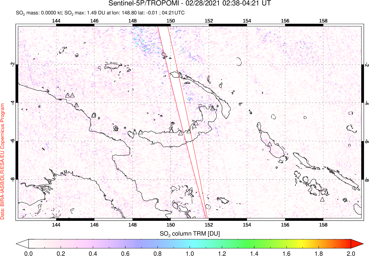 A sulfur dioxide image over Papua, New Guinea on Feb 28, 2021.