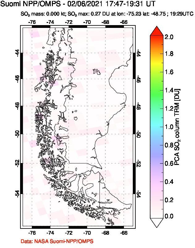 A sulfur dioxide image over Southern Chile on Feb 06, 2021.