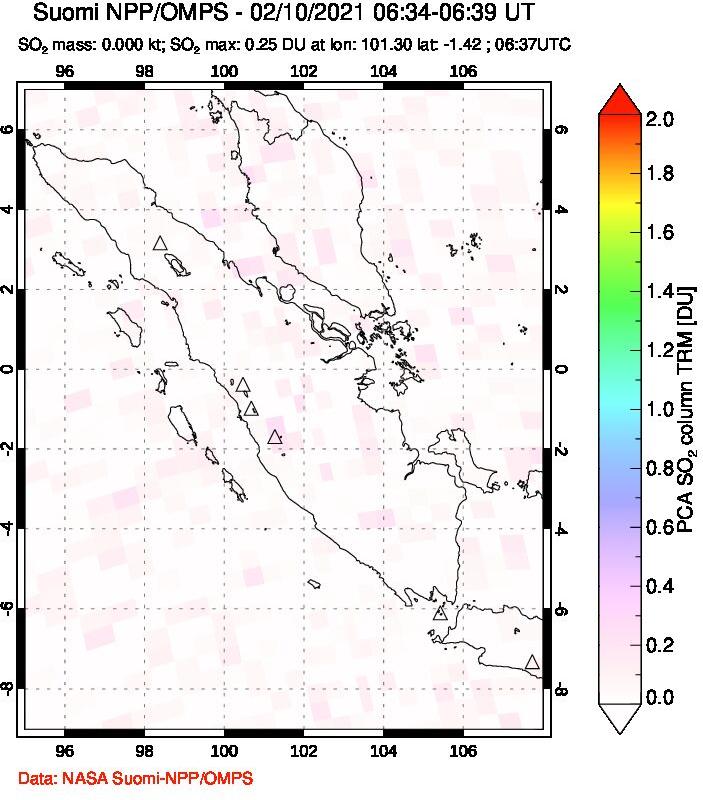 A sulfur dioxide image over Sumatra, Indonesia on Feb 10, 2021.
