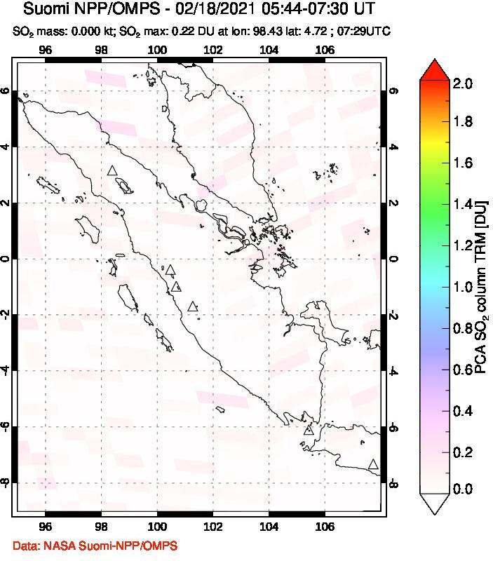 A sulfur dioxide image over Sumatra, Indonesia on Feb 18, 2021.