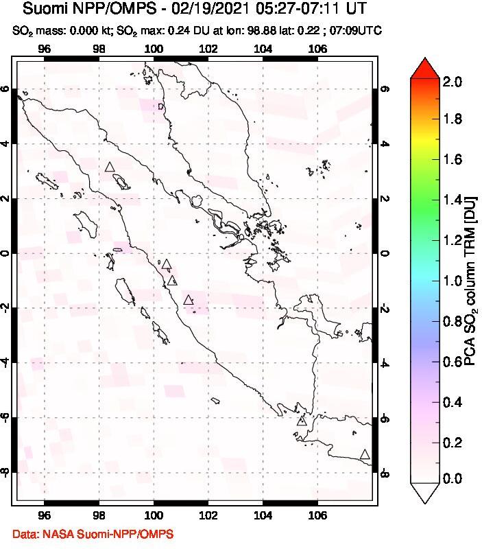 A sulfur dioxide image over Sumatra, Indonesia on Feb 19, 2021.