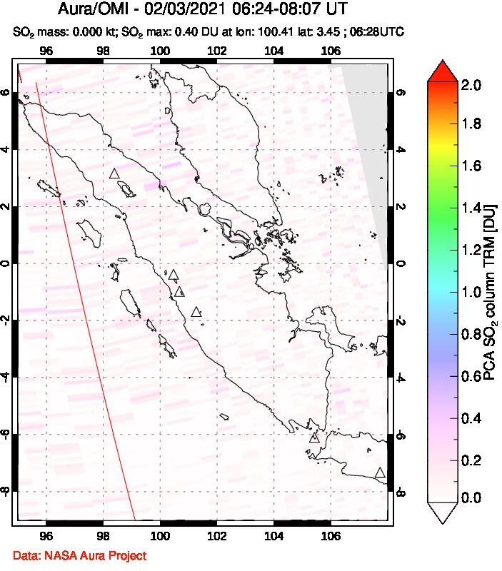A sulfur dioxide image over Sumatra, Indonesia on Feb 03, 2021.