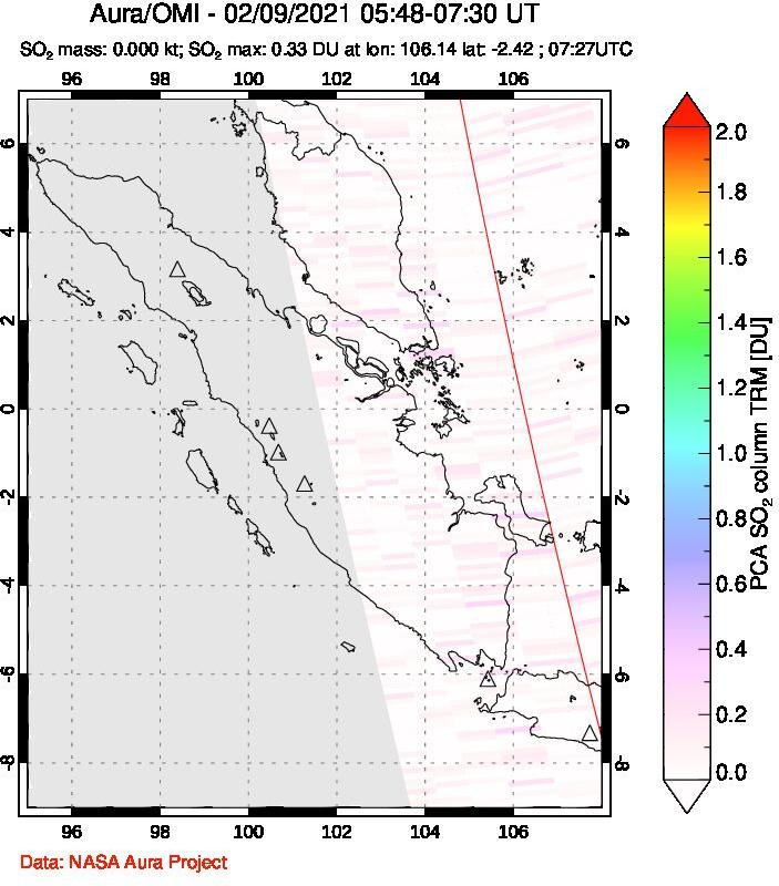 A sulfur dioxide image over Sumatra, Indonesia on Feb 09, 2021.