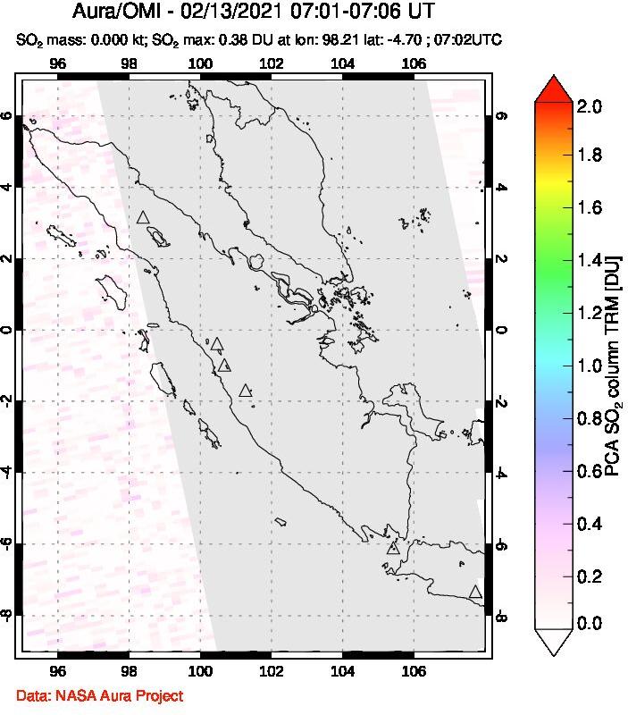 A sulfur dioxide image over Sumatra, Indonesia on Feb 13, 2021.
