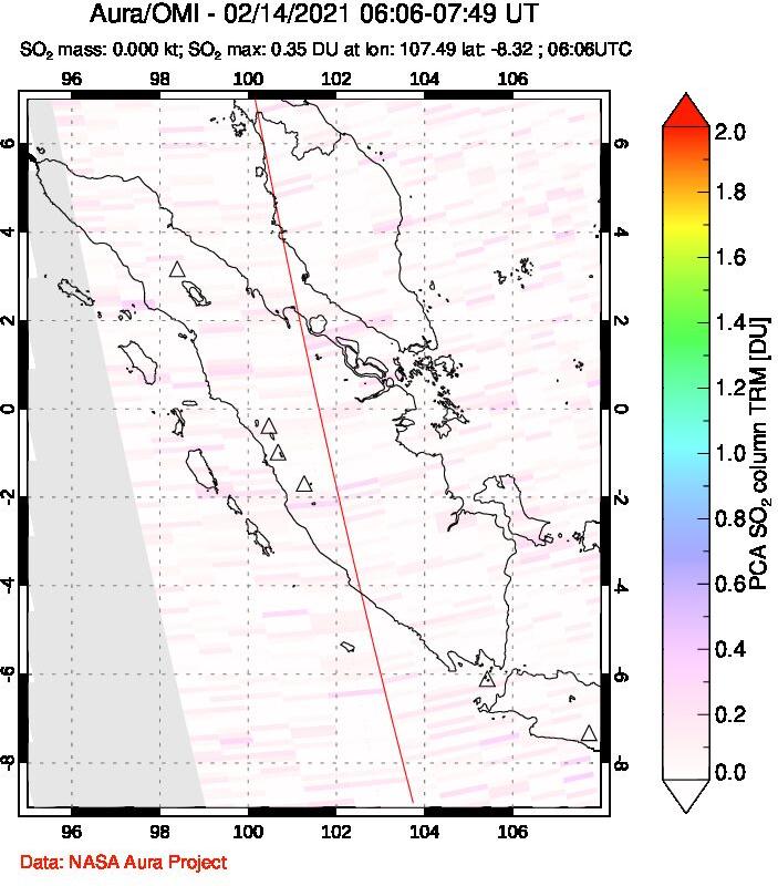 A sulfur dioxide image over Sumatra, Indonesia on Feb 14, 2021.