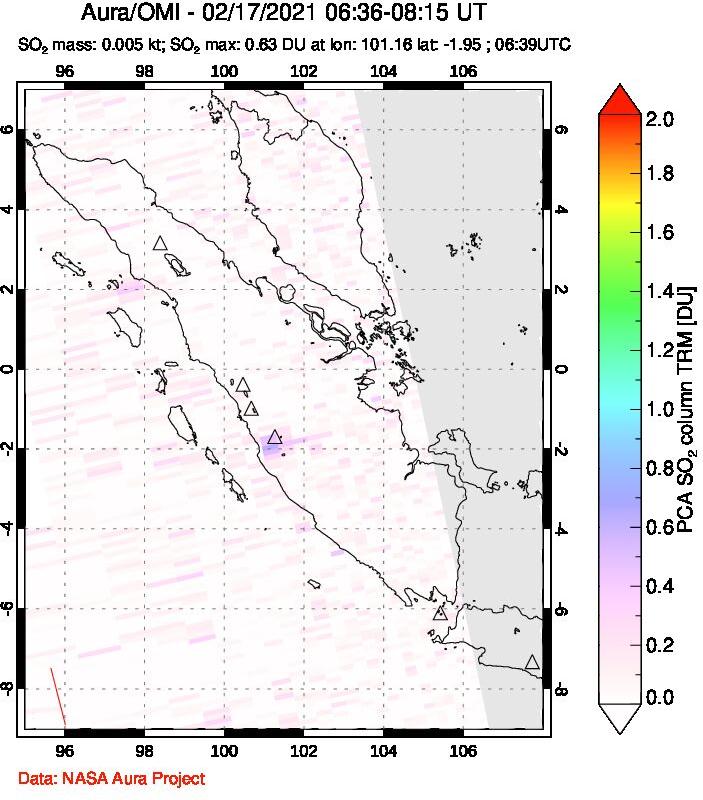 A sulfur dioxide image over Sumatra, Indonesia on Feb 17, 2021.