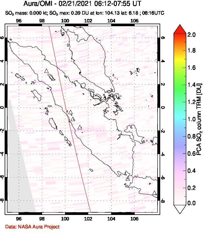 A sulfur dioxide image over Sumatra, Indonesia on Feb 21, 2021.