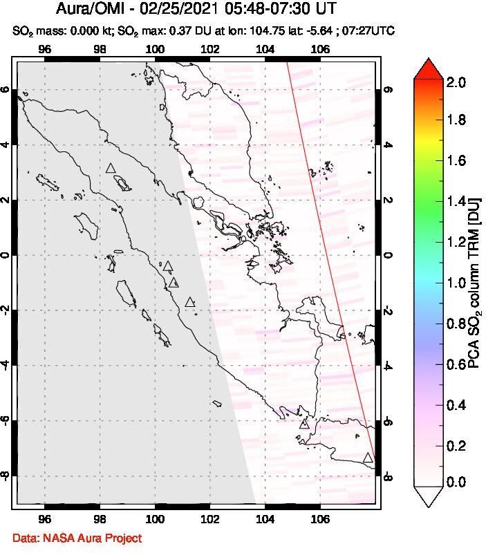 A sulfur dioxide image over Sumatra, Indonesia on Feb 25, 2021.