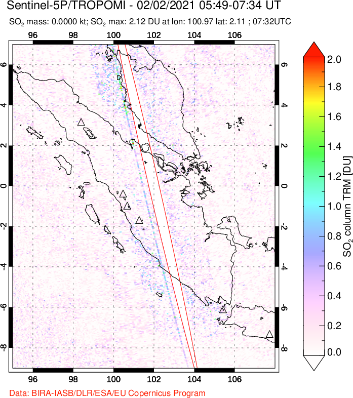 A sulfur dioxide image over Sumatra, Indonesia on Feb 02, 2021.