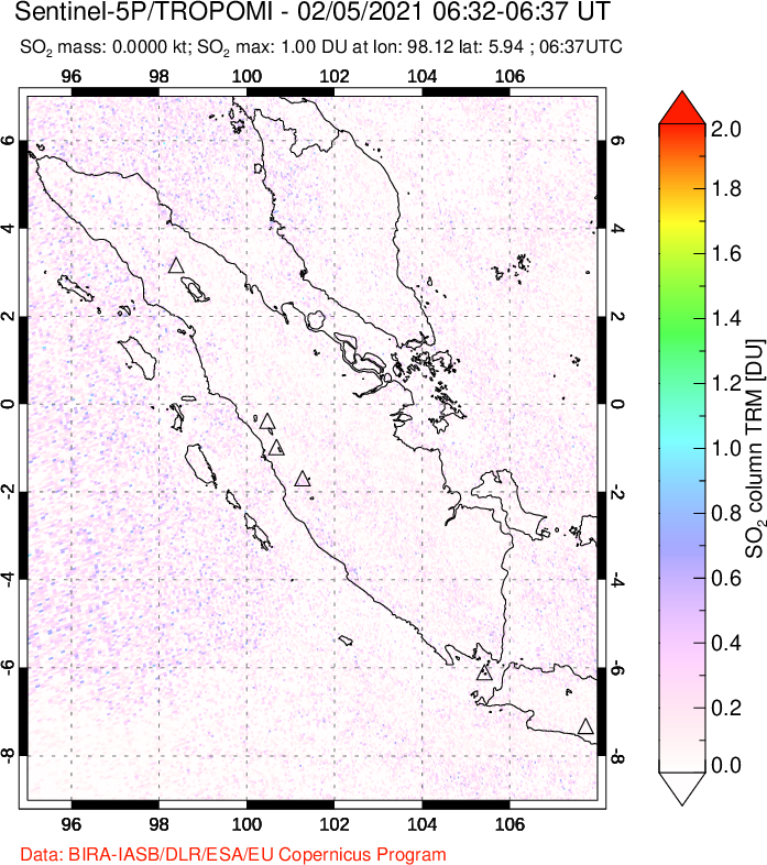 A sulfur dioxide image over Sumatra, Indonesia on Feb 05, 2021.