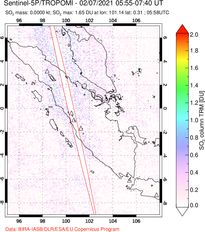 A sulfur dioxide image over Sumatra, Indonesia on Feb 07, 2021.