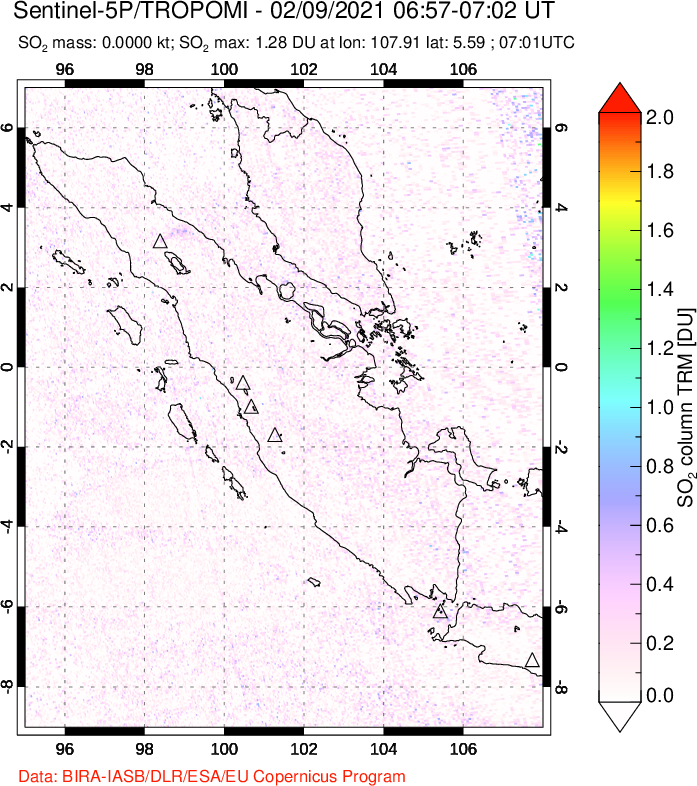 A sulfur dioxide image over Sumatra, Indonesia on Feb 09, 2021.