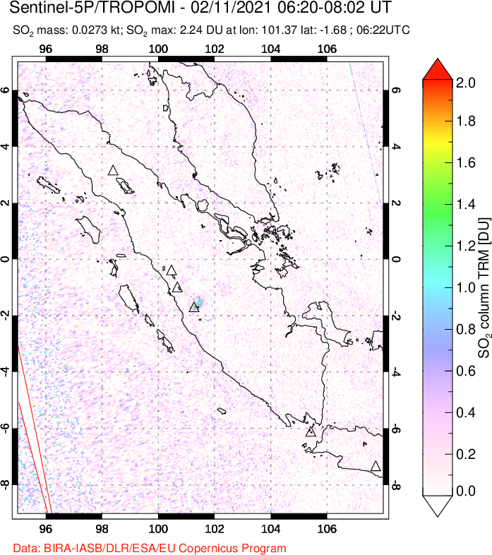 A sulfur dioxide image over Sumatra, Indonesia on Feb 11, 2021.