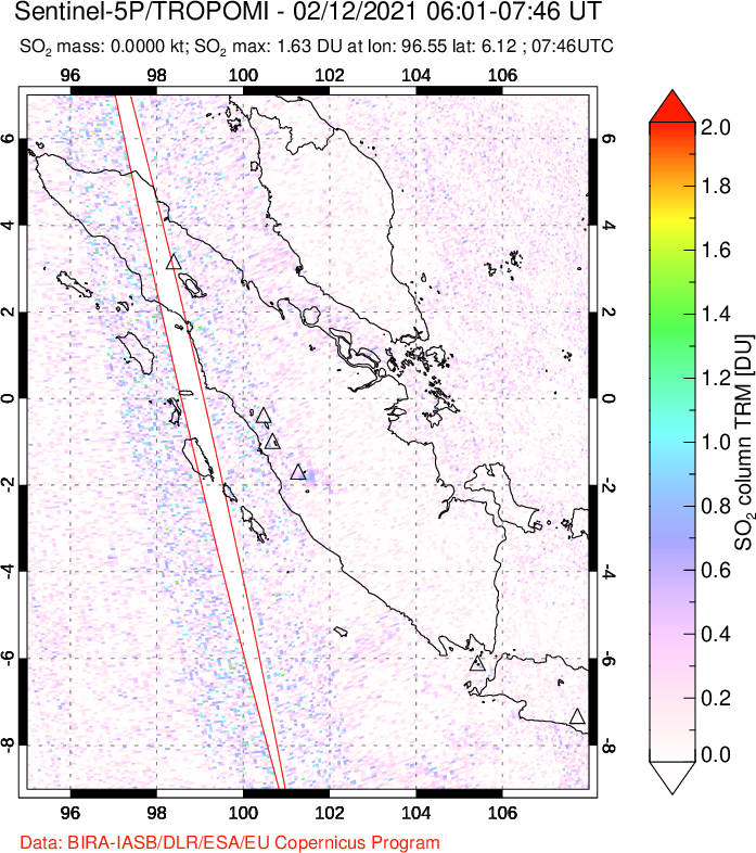 A sulfur dioxide image over Sumatra, Indonesia on Feb 12, 2021.