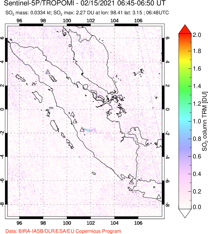 A sulfur dioxide image over Sumatra, Indonesia on Feb 15, 2021.