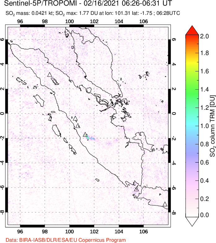 A sulfur dioxide image over Sumatra, Indonesia on Feb 16, 2021.