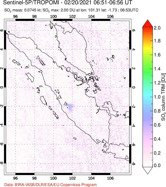 A sulfur dioxide image over Sumatra, Indonesia on Feb 20, 2021.