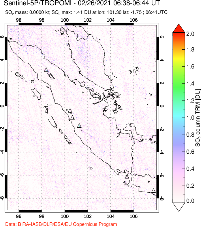 A sulfur dioxide image over Sumatra, Indonesia on Feb 26, 2021.