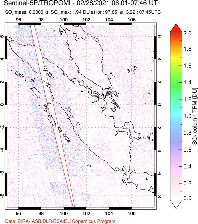 A sulfur dioxide image over Sumatra, Indonesia on Feb 28, 2021.
