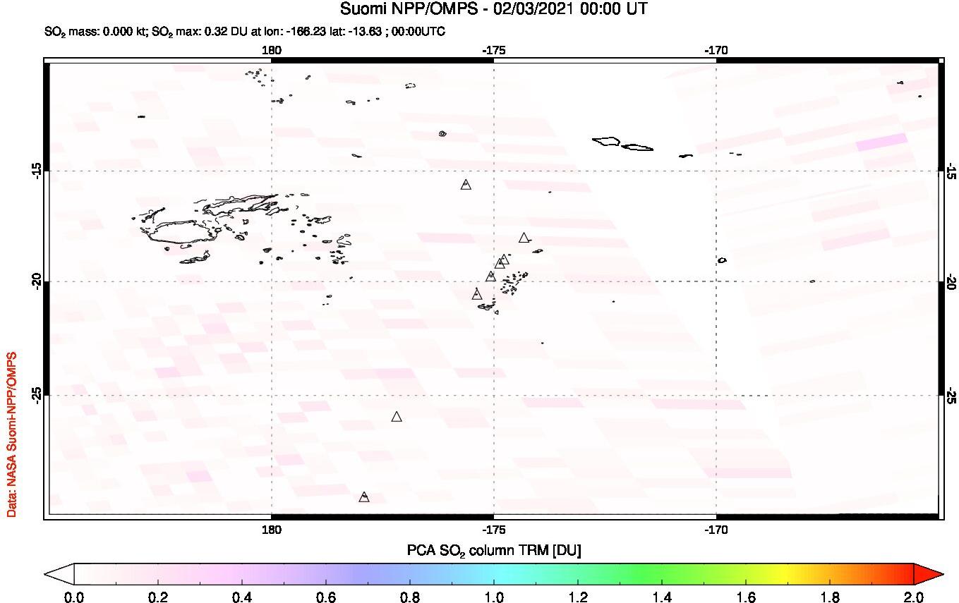 A sulfur dioxide image over Tonga, South Pacific on Feb 03, 2021.