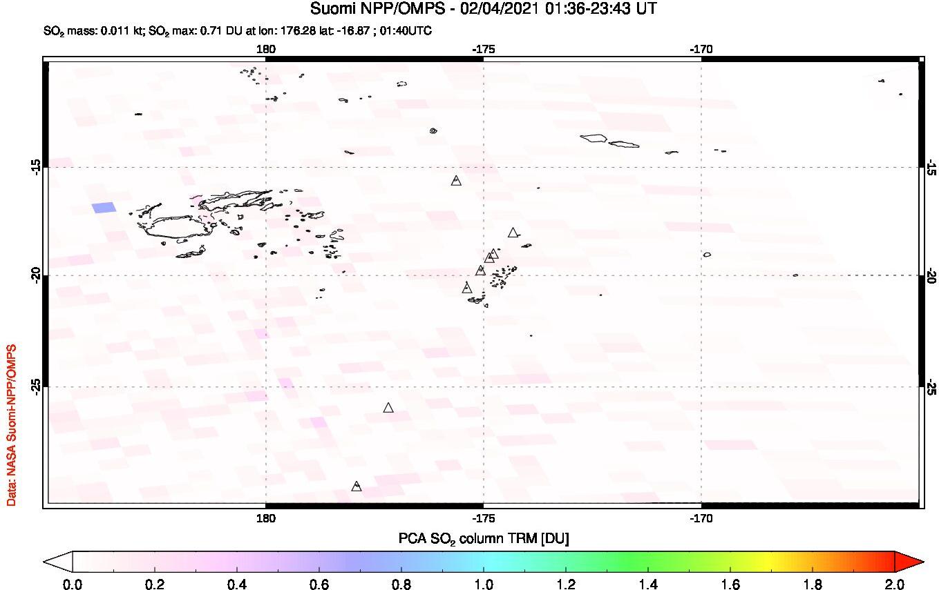 A sulfur dioxide image over Tonga, South Pacific on Feb 04, 2021.