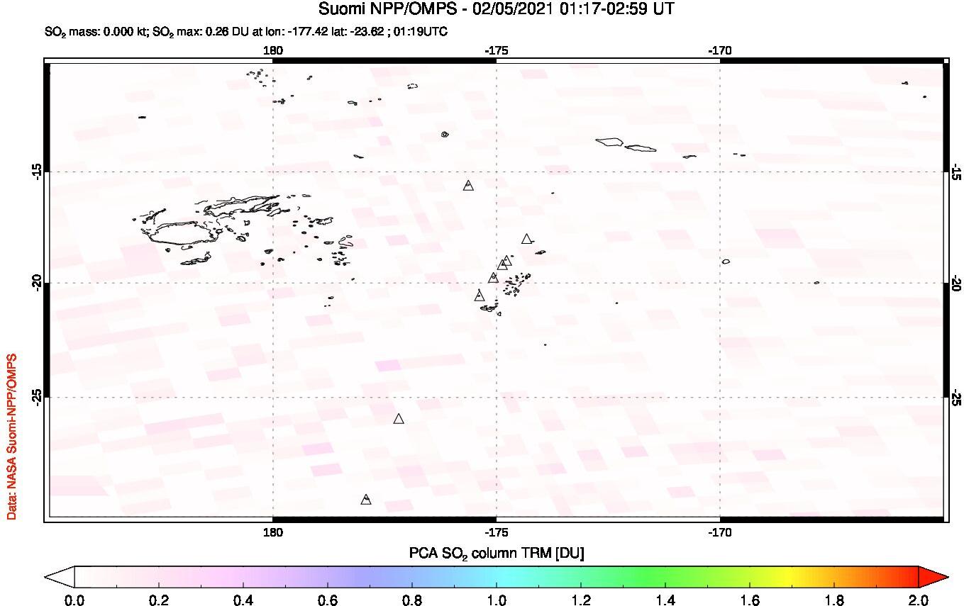 A sulfur dioxide image over Tonga, South Pacific on Feb 05, 2021.
