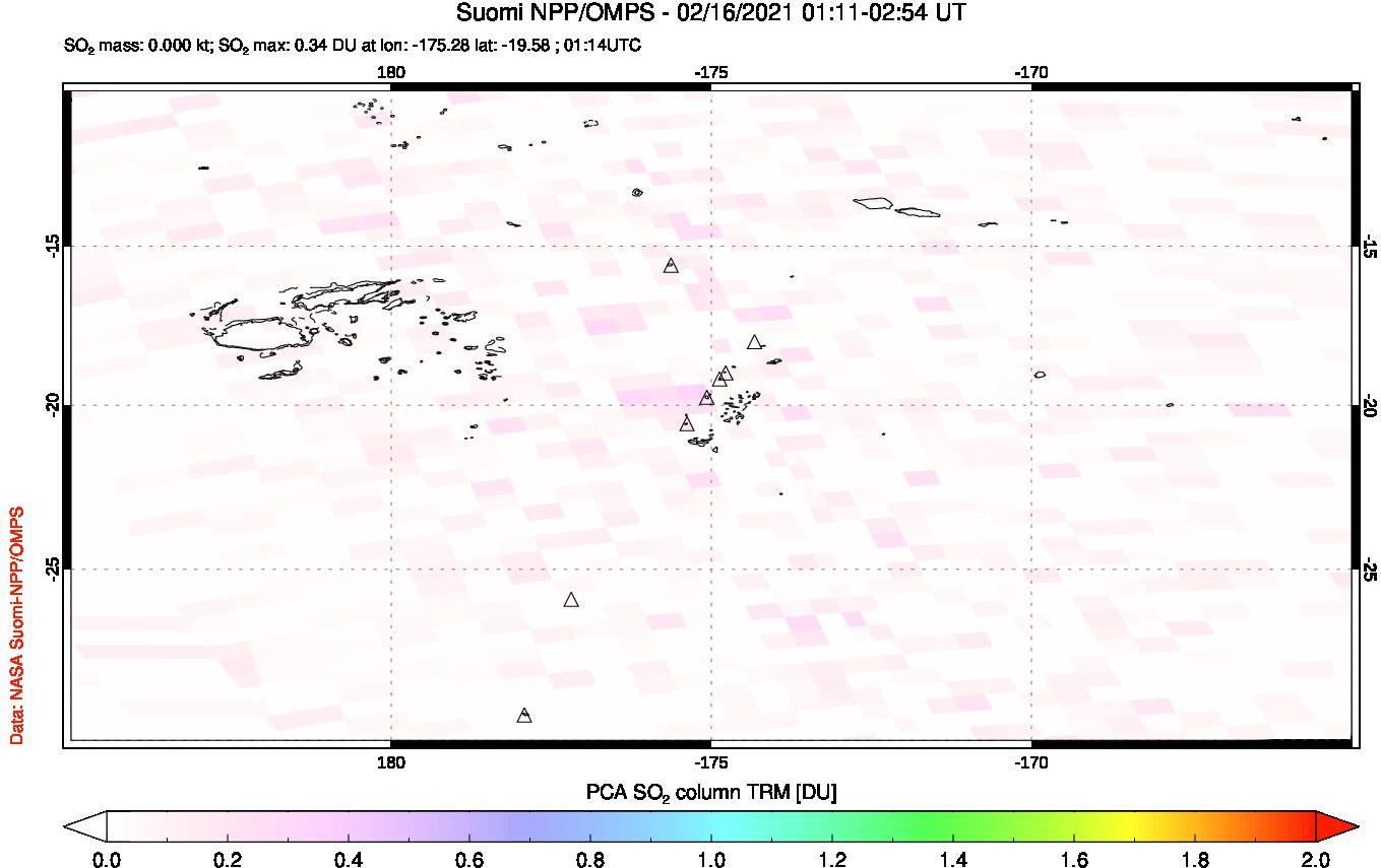 A sulfur dioxide image over Tonga, South Pacific on Feb 16, 2021.